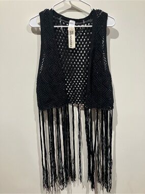 NWT Black Crochet Fringe Boho Vest Open Cardigan S-M